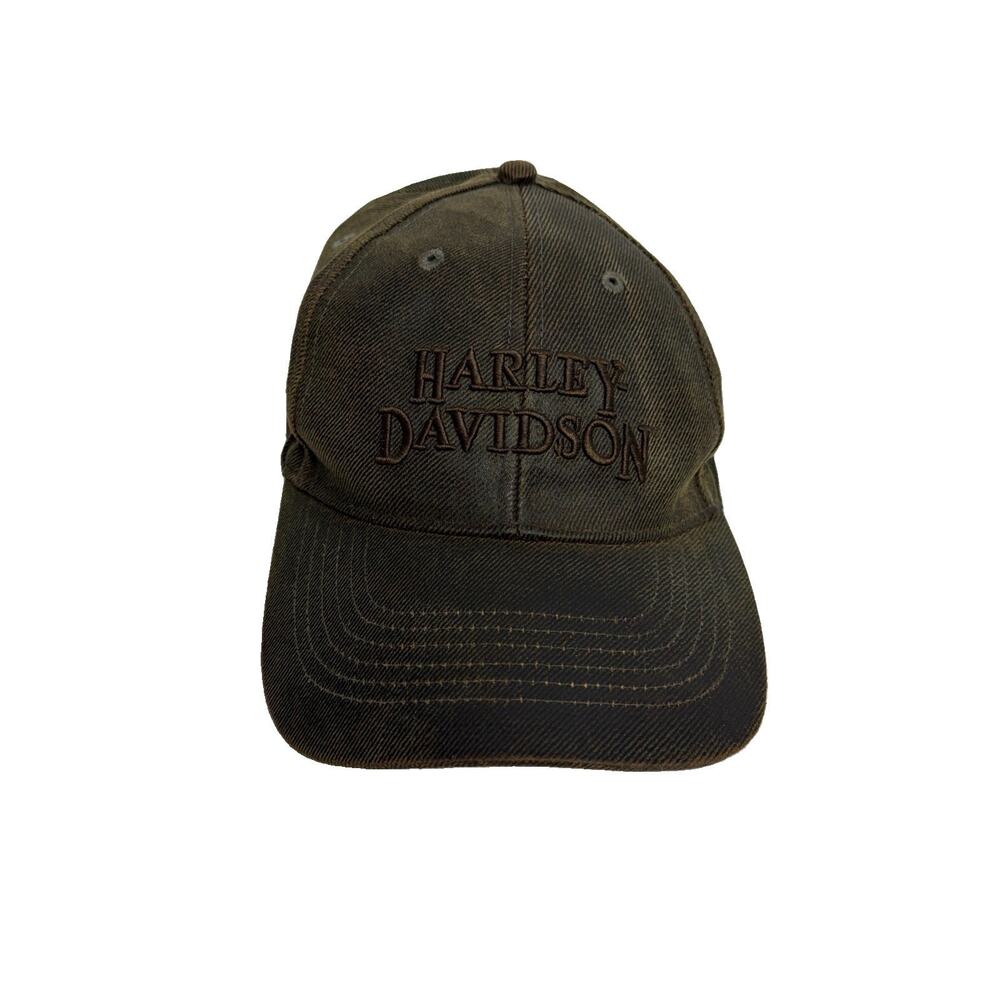 Vtg Harley Davidson Hat Cap Oilskin Cloth Waxed Canvas Strap Back USA Brown